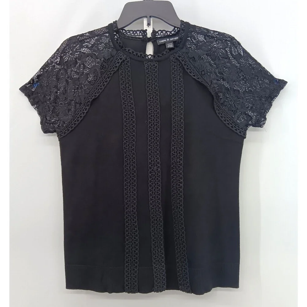 Cable & Gauge Blouse Women Medium Black Crochet Lace Accent Short Sleeve Top